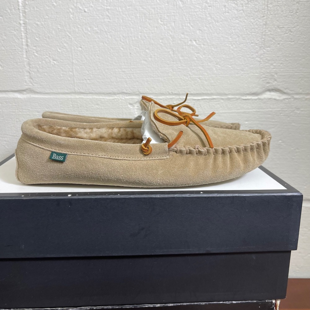 Bass Suede Moccasin Slippers Tan Faux Fur Lined Slip On Men's Size 10 M